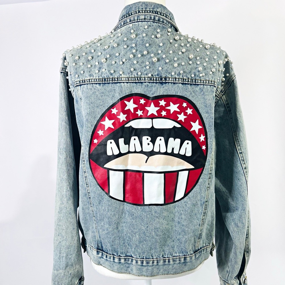 Alabama Crimson Tide Game Day Denim Jacket XL Pearl Studded Graphic Lips